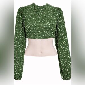 🍀🍀Olivaceous Green Floral Open Back Tie Crop Top Puff Sleeve Blouse M